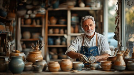 Elderly artisan crafting pottery and painting designs in a rustic workshop filled with clay