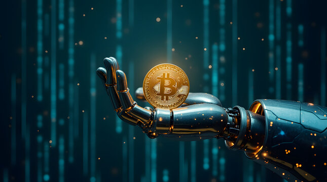 Robot hand holding golden bitcoin coin on background with binary code. Cryptocurrency concept. Generative AI