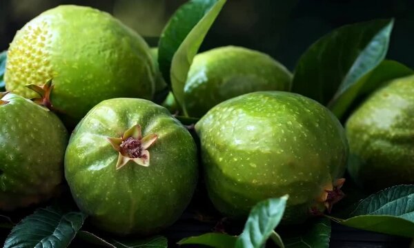 Ripe guavas on leafy background, Video
