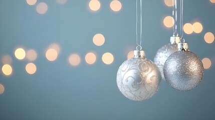Silver Christmas Ornaments Hanging Against Blue Background