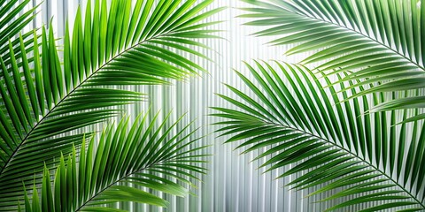 Green palm with reeded glass. Ribbed Background. Minimal wood wall with sunny tree decoration. Premium spa-inspired texture for zen aesthetic behind frosted panel. Plant leaves. White Reeded Glass.