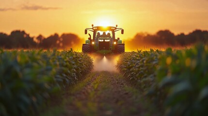 Fototapeta premium Tractor spraying crops in a lush green field during a sunny day