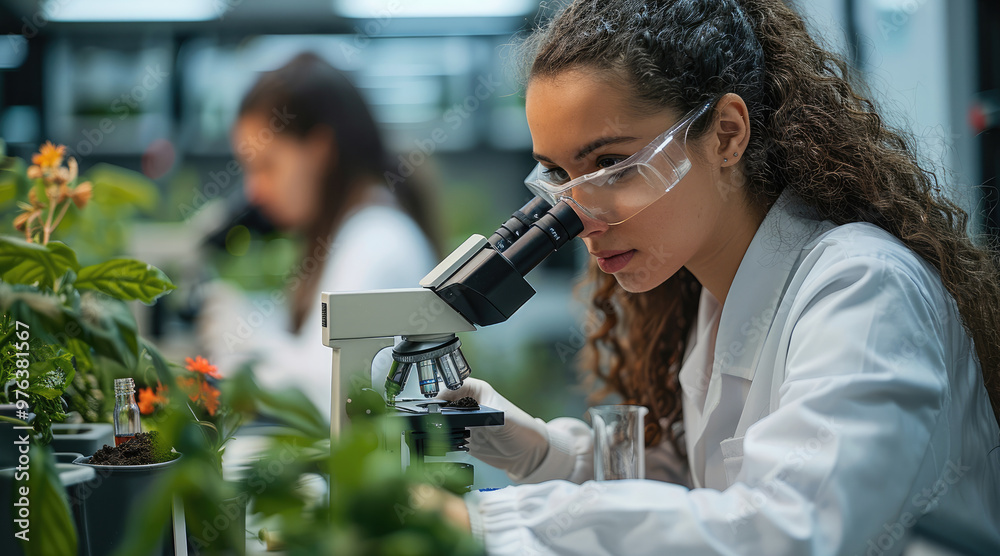 Aufkleber Students in a lab setting, using microscopes and testing soil samples for an environmental science project. Generative AI.