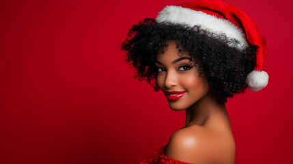 red background with a afroamerican woman wearing a santa claus hat