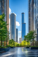 Fototapeta premium Modern urban architecture in a vibrant city under a bright blue sky filled with fluffy clouds