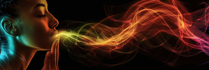 A person is engaged in meditation, exhaling vibrant smoke that creates swirling patterns against a dark background