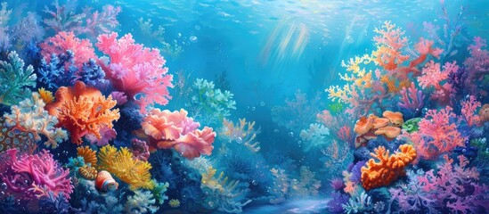 Fototapeta premium Vibrant and Colorful Underwater Coral Reef Ecosystem Teeming with Diverse Marine Life and Sunlight Filtering Through the Water