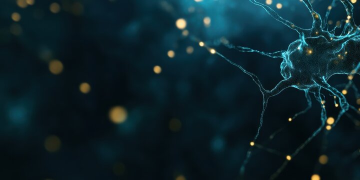 A digital illustration capturing an abstract neural network, with connections and glowing dots representing complex brain functions and technological advances.