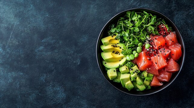 A high-quality AI-generated stock image of a fresh and vibrant poke bowl with tuna and avocado on the right side, leaving space on the left for text. Ideal for health, seafood, and food content.