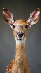 Fototapeta premium A young deer looks directly at the viewer, highlighting its big eyes and long neck, set against a subtle, muted background