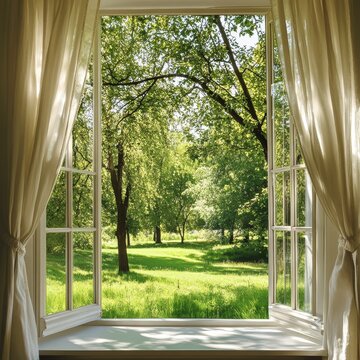 Fototapeta View from the window to the summer landscape with trees and meadow