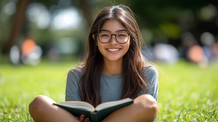 Obraz premium Young woman reading outdoors on a sunny day in a park setting with greenery and modern buildings