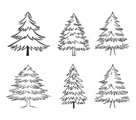 Obraz premium Outline Silhouette of a Christmas tree set decorated with star ornaments, ideal for holiday designs and festive projects