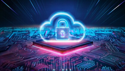 Illustration of a glowing cloud icon with a lock in the center, representing cloud data security and cybersecurity in cloud computing environments. Generative AI