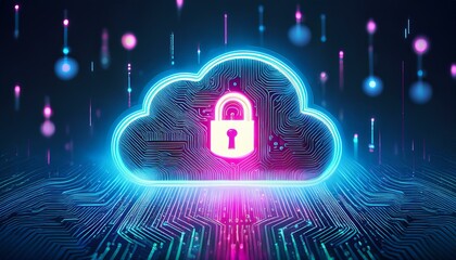 Illustration of a glowing cloud icon with a lock in the center, representing cloud data security and cybersecurity in cloud computing environments. Generative AI
