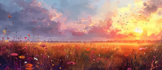 Breathtaking sunset over a vast lush meadow filled with colorful wildflowers in a serene pastoral landscape  The sky is ablaze with warm vibrant hues that cast a magical
