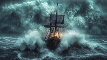 Obraz premium A historic ship battles fierce waves and flames during a stormy night at sea