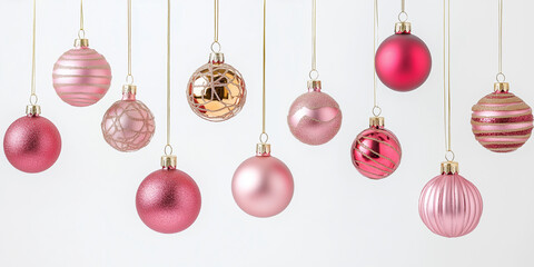 pink and golden christmas balls isolated on white