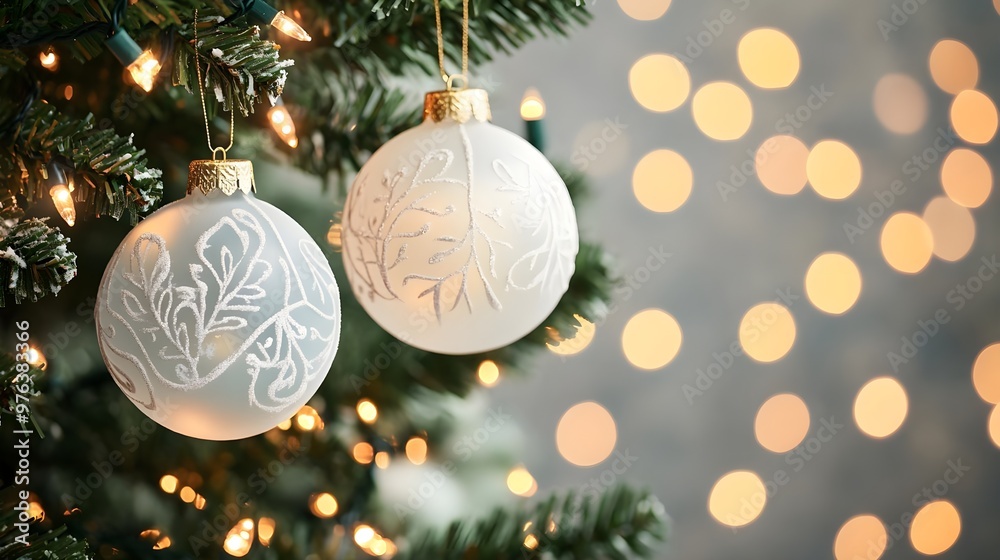 Wall mural White Christmas Ornaments with Lights and Bokeh