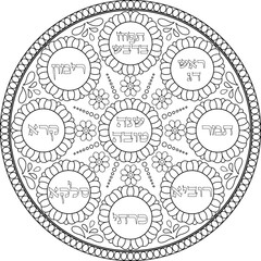 Jewish Rosh Hashanah symbolic plate illustration with Hebrew titles. Judaica black outline decoration. Judaism coloring page. Translation: "A good year"