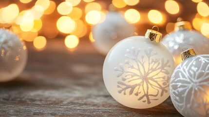 Fototapeta premium White Christmas Ornaments with Snowflake Design and Golden Lights