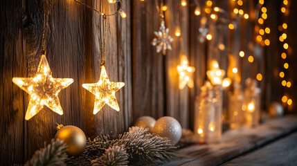 Christmas star lights on a wooden background 