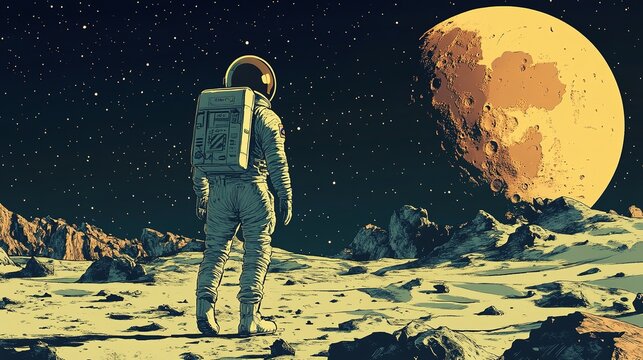 Cartoon retro artwork with a character in a 1960s space suit, exploring the moon