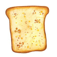 A piece of bread painted in watercolors in a children's style. Illustration on a white background, hand-drawn. Bread, oven, bakery, dough, toast, rye bread, loaf, half, piece, ingredient, product