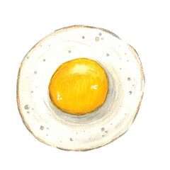 Fried eggs painted in watercolors in a children's style. Illustration on a white background, hand-drawn. Egg, fried egg, fried egg, ingredient, product, kitchen, cooking, breakfast, lunch, dinner