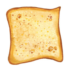 A piece of bread painted in watercolors in a children's style. Illustration on a white background, hand-drawn. Bread, oven, bakery, dough, toast, rye bread, loaf, half, piece, ingredient, product