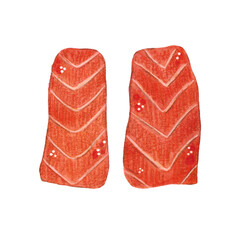Two pieces of salmon on a white background. Watercolor illustration drawn by hand. cooking, food, ingredient, salmon, fish, red,