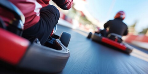 Go-kart racers are speeding along a curved track, engaging in a competitive race with helmets and racing suits, emphasizing speed and competition in an adrenaline-fueled environment.