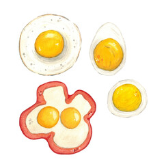 A set of products. Watercolor composition of food. Hand drawn illustration.   Paprika, scrambled eggs, eggs, eggs, fried eggs, food, kitchen, cooking, ingredients