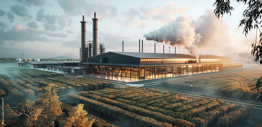 Poster large-scale factory at rural. generative ai.