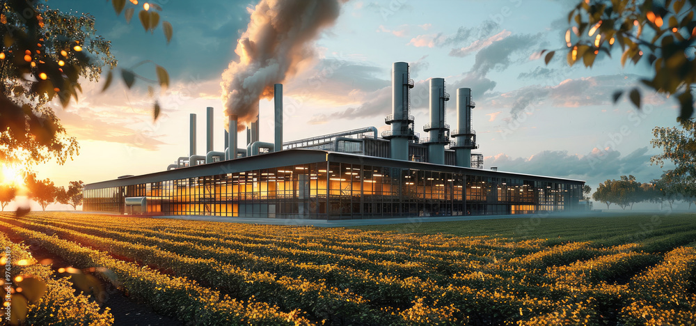 Poster large-scale factory at rural. generative ai.