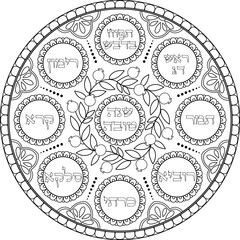 Jewish Rosh Hashana simanim plate decorative illustration with Hebrew titles. Judaica black linear art design. Jewish holiday coloring page. Translation: "A good year"