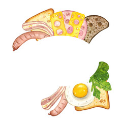 Watercolor composition of food. Hand drawn illustration. Food, cooking, cooking, breakfast, healthy, natural, set, vegetables, salad, tomato, sausage, bacon, meat, lard, ham, cheese, fried egg