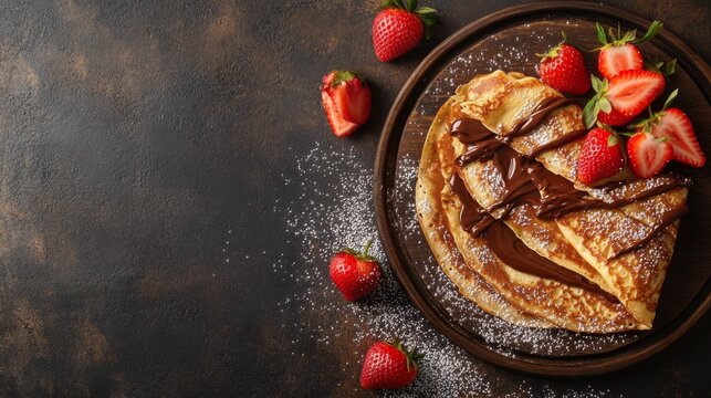 A high-quality AI-generated stock image of a delicious crepe with Nutella and strawberries on the right side, leaving space on the left for text. Ideal for dessert, breakfast, and culinary content.
