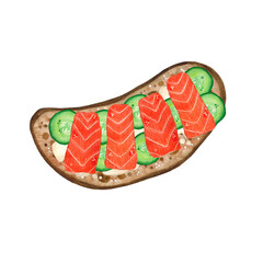 Watercolor composition of food. Sandwich made from rye bread, salmon, cheese and cucumber. Hand drawn illustration. Food, bread, rye bread, cheese, salmon, cucumber, sandwich, ingredients, breakfast
