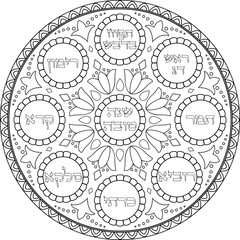 Judaica Rosh Hashanah simanim plate decorative illustration with Hebrew titles. Jewish art black linear traditional seder platter. Judaism coloring page. Translation: "A good year"