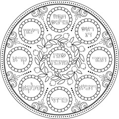 Judaica Rosh Hashanah simanim plate decorative illustration with Hebrew titles. Jewish art black linear traditional seder platter. Judaism coloring page. Translation: "A good year"
