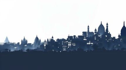 Fototapeta premium Silhouette of Varanasi skyline at dusk with historic temples and buildings in India against a clear sky.