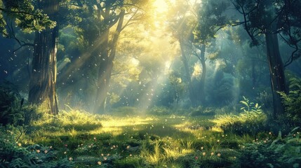 Breathtaking sunlit forest landscape with lush greenery dappled light filtering through the canopy and an ethereal