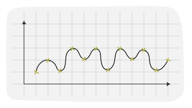 A wavy line graph with marked data points on a gray grid background, representing fluctuating trends or statistical analysis in a minimalist style