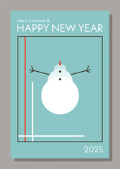 Merry Christmas and Happy New Year greeting card, event poster layout in modern abstract geometric style. Conceptual illustration with snowman. Bauhaus style