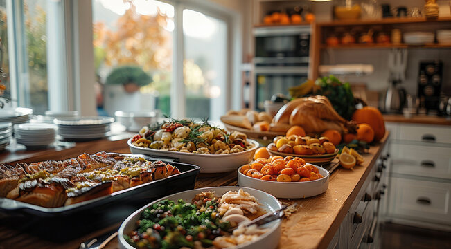 A beautifully organized kitchen with pre-prepared Thanksgiving dishes neatly arranged on the countertop, ready to be served. Generative AI.