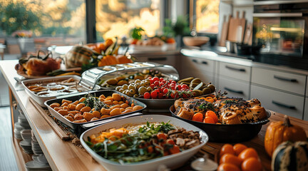 A beautifully organized kitchen with pre-prepared Thanksgiving dishes neatly arranged on the countertop, ready to be served. Generative AI.