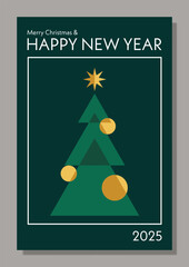 Merry Christmas and Happy New Year greeting card, event poster layout in modern abstract geometric style. Illustration with Christmas tree. Bauhaus style