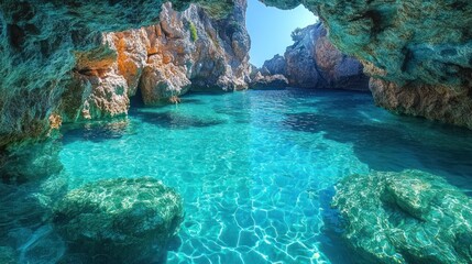 Serene turquoise waters inside a rocky cave.