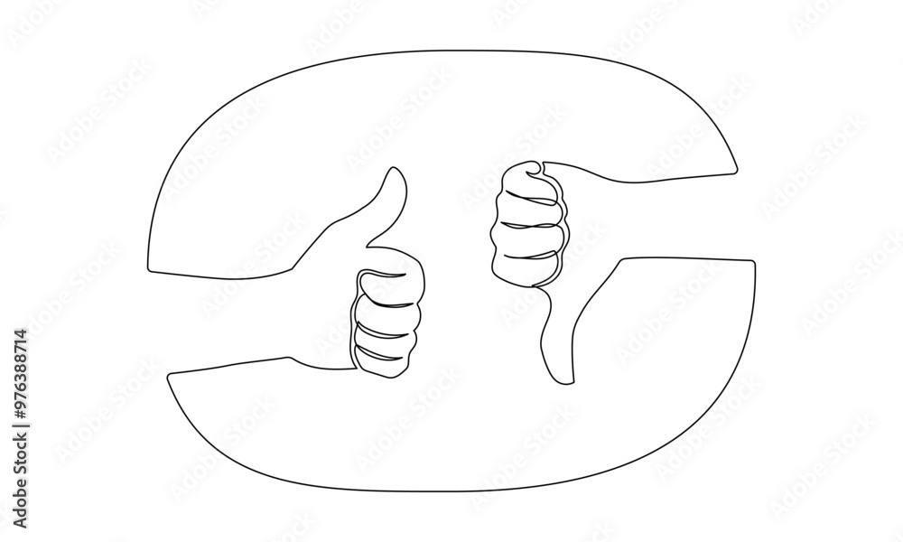 Leinwandbilder Thumbs up and down in one continuous line drawing. Hand showing like and dislike in simple linear style. Positive and negative finger in editable stroke. Doodle vector illustration